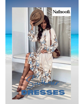 Floral-Print Midi Dress, Blue Brown 